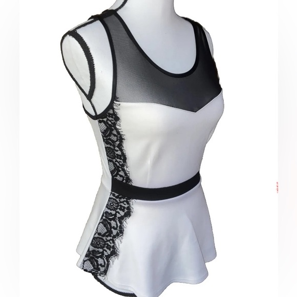 Danbee Womens Black Mesh Cutout Publem White Top Black Lace & Band - Picture 2 of 8